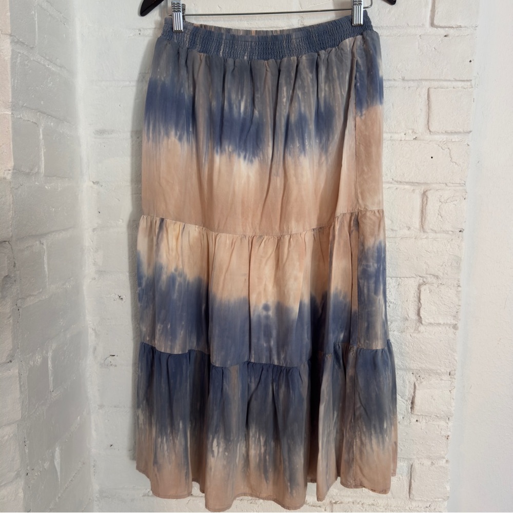 Mello Day Tie Dye Tiered Midi Skirt Blue Peach Boho Flowy Size M - Picture 6 of 6